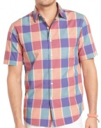 IZOD Men's Short Sleeve Pointed Collar Plaid Button Down