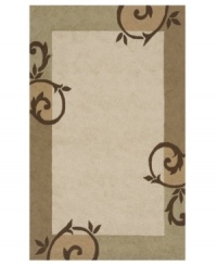 Soft cream colors and an elegant vinery design make this area rug a treasure in every environment. Hand-hooked of polypropylene fibers, this durable piece adds attractive looks to outdoor patios, porches and high-traffic interiors.