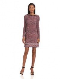 Vince Camuto Women's Long Sleeve Printed Boat Neck Dress With Neckline, Red, 8