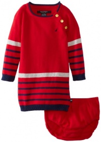 Nautica Baby-Girls Infant Long Sleeve Stripe Sweater Dress with Button Placket, Red, 12 Months