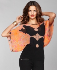 Kimono sleeves and a bold, colorful print create an artistic, inspired look on INC's ethereal top.