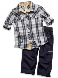 GUESS Kids Baby Boy Roll-Up Sleeve Shirt and Pants , PLAID (24M)