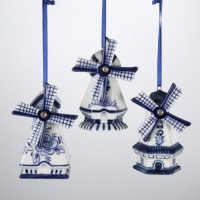 PORCELAIN DELFT BLUE WINDMILL ORNAMENT SET OF 3 PIECES