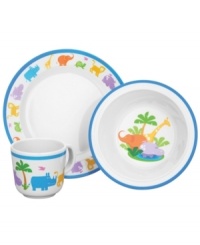 Kids and parents will roar with delight over Reed & Barton's super-cute Jungle Parade dinnerware set. Colorful creatures march around lightweight melamine dishes that won't break in the hands of your little one.