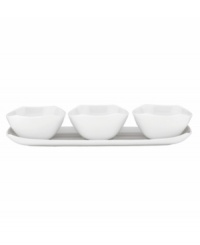 Feature modern elegance on your menu with the Classic Fjord dip bowls and tray from Dansk's collection of serveware and serving dishes. The set serves up glossy white porcelain in fluid shapes to keep tables looking totally fresh.