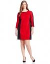 DKNYC Women's Plus-Size Three Quarter Sleeve Dress with Faux Leather Piecing, Haute Red, 20W