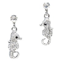 Small Adorable Sparkling Clear Crystal Seahorse 1 Dangle Earrings - Silver Tone