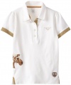 TuffRider Girl's Blossom Short Sleeve Polo Shirt, White/Light Tan, Large