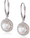 Sterling Silver 7.5-8mm Freshwater Cultured Pearl and Diamond Drop Earrings, (0.05 cttw, G-H Color, I2-I3 Clarity)