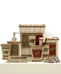 The great outdoors. Taking inspiration from classic lodge motifs, the Eldorado soap and lotion dispenser gives your space a rustic atmosphere with striking bears, moose and deer all in a rich, woodsy color scheme.