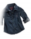 GUESS Little Girl Denim Shirt with Ruffles, DARK STONE WASH (5)