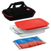 Pyrex Portable 4-Piece Set, includes 1-ea 3-qt Easy Grab Oblong, RedCover, Large Unipack, Black Carrier