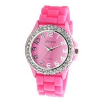 Women's Geneva PINK Platinum Silicone Rubber Jelly with CZ Crystal Rhinestones Face Bling Bezel