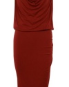 Cowl Neck Ruched Blouson Knit Jersey Dress (12, Red)