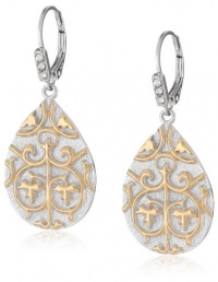 18k Yellow Gold Plated Sterling Silver Two-Tone Swarovski Crystal Filigree Lever Back Teardrop Earrings