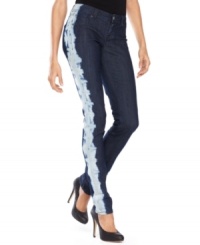 Go bold for fall with INC's fashion-forward petite denim! The skinny silhouette gets a fresh new look with cool tie-dyed tuxedo stripes down the legs. (Clearance)