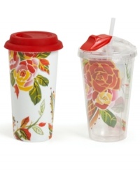 Enjoy the vibrant Rose Print dinnerware pattern on the go with coordinating travel mugs – one for hot drinks, one for cold, both decidedly stylish.