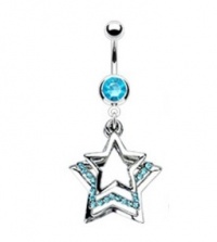 Layered Silver Stars Aqua CZ Gems Navel Ring Belly Button Piercing Dangle Jewelry 14G 3/8