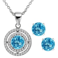 3.64 Ct Round Natural Blue Topaz 925 Sterling Silver Pendant Earrings Set 18