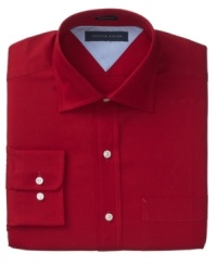 Saturate your style. In a rich hue, this Tommy Hilfiger shirt ups the ante on your dress wardrobe.