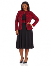 Jessica Howard Women's Plus-Size 2 Piece Mandarin Collar Jacket with Side Ruched Waist Dress, Black/Red, 14W