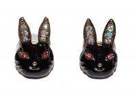 Betsey Johnson Style Black Enamel and Crystal Bunny Rabbit Earrings