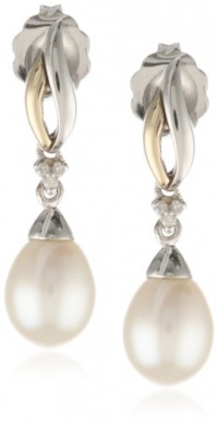 S&G Sterling Silver and 14k Yellow Gold Freshwater Cultured Pearl and Diamond Drop Earrings (0.01 cttw, I-J Color, I3 Clarity)