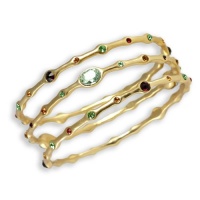 Set of Three Colored Gemstone Bangle Bracelets - Green - 14K Gold Plated