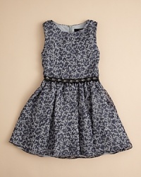 Leopard tops our list of kiddie trends, and this cute chiffon dress wears it well, adding tulle trim with gem appliques at the waist.