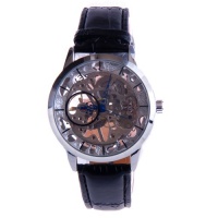 Mens Mechanical Skeleton Watch Hand Wind Up Silver Dial Black Leather Strap MW-36