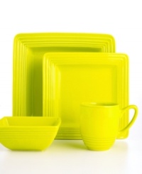 Brighten up. Laurie Gates paints place settings in radiant chartreuse to snap everyone around your table to attention. From the Dekko collection of dinnerware, the dishes have modern shapes that look extra sharp, with defined edges and a glossy finish.