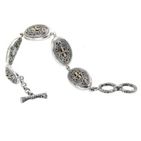 925 Silver Oval Celtic-Design Cross Bracelet with 18k Gold Accents- 7.5 IN