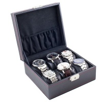 Carbon Fiber Pattern Black Watch Case Display Storage Box With Red Stitching Holds 6 Watches With Soft Adjustable Pillows