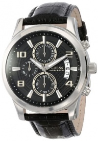 GUESS Men's U0076G1 Masculine Retro Dress Chronograph Black Brushed Crocodile-Grained Leather Strap Watch