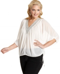 Sparkle from day to night with Baby Phat's three-quarter-sleeve plus size top, accented by a beaded neckline.