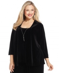 Greet the holiday season in style with Elementz' layered look plus size top, crafted from plush velvet.