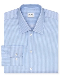 The white stripes bring classic nuance to this modern dress shirt from Armani.