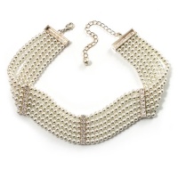 6-Strand Faux Pearl Bridal Diamante Choker Necklace (Silver Plated Metal)