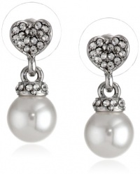 Betsey Johnson Crystal Rhodium Crystal Heart and Pearl Drop Earrings