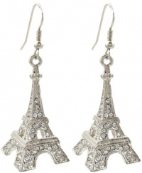 Glamorous Silver Tone Sparkling Crystal 3D Eiffel Tower Paris France Theme Dangle Earrings - Crystals on All 4 Sides!