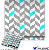 Sony PS3 Slim Decal Style Skin - Chevrons Gray And Aqua