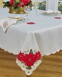 A soon-to-be holiday favorite, the Poinsettia Trio round tablecloth is perfect for the busy host in machine washable polyester and, with delicate cutwork and cheery Christmas blooms, inspires unforgettably festive meals. From Homewear.