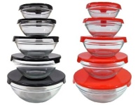 Imperial 10 Pcs Glass Nested Dipping or Storage Bowls with Black and Red Lids - 2 Pack