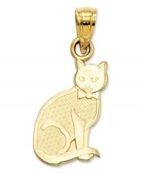 Display your loving bond with your feline with this carved cat charm in 14k gold. Reverses to read I (Heart) My Cat in bold text. Chain not included. Approximate drop length: 4/5 inch. Approximate drop width: 2/5 inch.