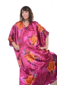 Satin Charmeuse Caftan, Orange Roses Floating on Pink, Plus Size, Up2date Fashion Style#Caf-39