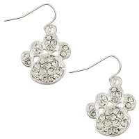 Gorgeous Sparkling Puppy Dog Paw Print 1 Charm Embellished with Clear Crystals Earrings - Silver Rhodium Plated