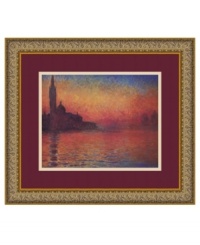 See Venice through the eyes of master Impressionist Claude Monet. A violent sunset casts a fiery glow on the ancient city's darkened shore and rippling bay. An antique-inspired frame adds a golden touch to this gorgeous scene.