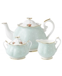 Royal Albert updates a classic in the playfully patterned Polka Rose tea set. Dainty dots mix with Old Country Roses on gold-banded china with dainty ruffled edges and sculpted silhouettes.