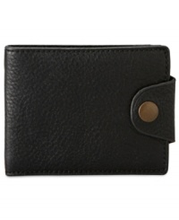 Mens bifold wallet by Fossil made from 100% leather plus designed with a snap closure for added security and fashionable style.