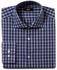 A check you won't mind getting. This crisp, slim-fit shirt from Hugo Boss pays off in your dress wardrobe.